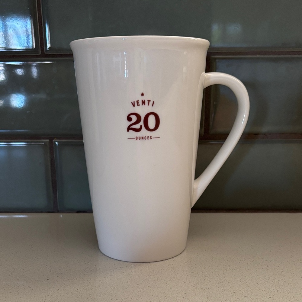 Starbucks VENTI 20 PUNCES White Mug with Red Accents